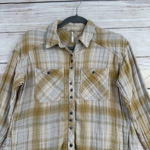Free People Plaid Button Down 4 Pocket Shirt Womens XS Beige Tan - Picture 3 of 13